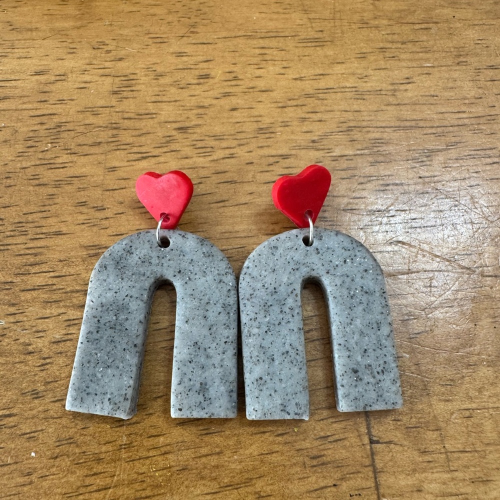 Gray and Red Heart Clay Earrings